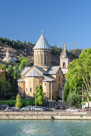 Scenic view of the Tbilisi Sioni Cathedral in Old Town of Tbilisi, Georgia. The Sioni Cathedral of the Dormition is a popular tourist attraction of the Caucasus region.の写真素材