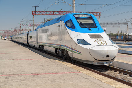 Bukhara, Uzbekistan - September 10, 2022: View of Afrosiyob train at Bukhara Railway Station in Uzbekistan.のeditorial素材