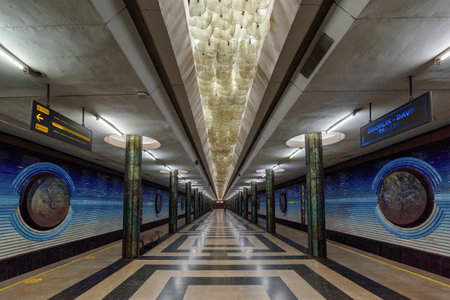 Awesome space themed decorations of Kosmonavtlar Station of the Tashkent Metro in Tashkent, Uzbekistan. The amazing underground lobby is a popular tourist attraction of Central Asia.のeditorial素材