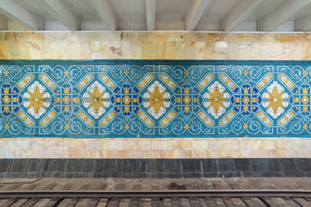 Tashkent, Uzbekistan - 2 September, 2022: Beautiful mosaic decorations of Paxtakor Station of the Tashkent Metro. The amazing underground lobby is a popular tourist attraction of Central Asia.のeditorial素材