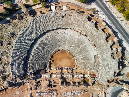 Aerial view of the ancient theatre in Side, Turkey. Side is a popular tourist destination in Turkey.の写真素材