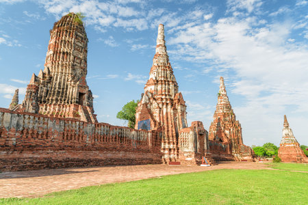 Scenic ruins of Wat Chaiwatthanaram in Ayutthaya, Thailand. Amazing view of the Buddhist temple in the ancient city of the Ayutthaya Kingdom (Siam). Thailand is a popular tourist destination of Asia.の写真素材