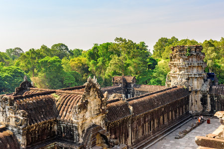 View of ancient temple complex Angkor Wat in Siem Reap, Cambodia. Angkor Wat is a popular tourist attraction.の写真素材