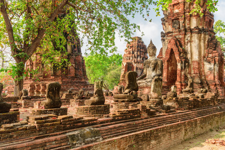 Buddha statue among ruins of the Wat Mahathat in Ayutthaya, Thailand. Amazing view of the Buddhist temple in the ancient city of the Ayutthaya Kingdom (Siam). Thailand is a popular tourist destinationの写真素材