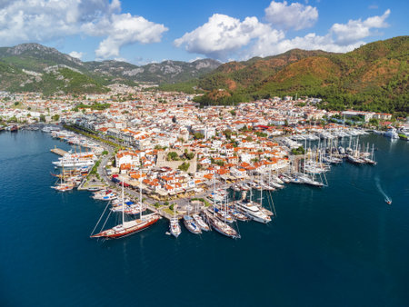 Aerial view of Marmaris. The port city is a popular tourist destination in the Turkish Riviera.の写真素材