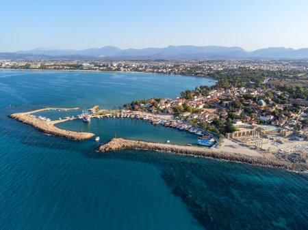 Aerial view of Side's peninsula, Turkey. Side is a popular tourist destination in Turkey.の写真素材