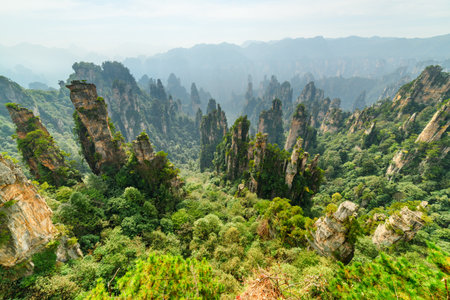 Awesome view of natural quartz sandstone pillars of the Tianzi Mountains (Avatar Mountains) in the Zhangjiajie National Forest Park, Hunan Province, China. Fabulous landscape.の写真素材