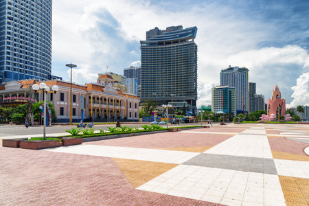 Nha Trang, Vietnam - August 14, 2020: Awesome view of April 2 Square, the Nha Trang Water Puppet Theatre and Tram Huong Tower. The central square is a popular tourist attraction of Asia.のeditorial素材