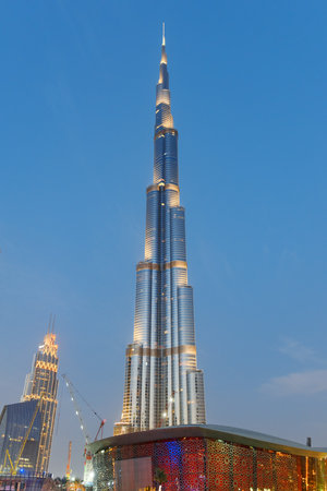 Dubai, United Arab Emirates - 2 November, 2018: Scenic night view of the iconic Burj Khalifa Tower at downtown. Awesome cityscape. Dubai is a popular tourist destination of UAE.のeditorial素材