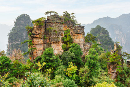 Fabulous view of natural quartz sandstone pillars of the Tianzi Mountains (Avatar Mountains) in the Zhangjiajie National Forest Park, Hunan Province, China. Awesome landscape.の写真素材
