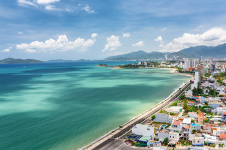 Beautiful view on Nha Trang and Nha Trang Bay of the South China Sea with magic colors of water in Khanh Hoa province, Vietnam. Nha Trang is a popular tourist destination of Asia.の写真素材