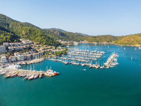 Aerial view of Fethiye Marina in Turkey. Fethiye is a popular tourist destination in the Turkish Riviera.の写真素材