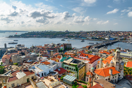 Aerial view of the Golden Horn in Istanbul, Turkey. Amazing city view from the Galata Tower. Istanbul is a popular tourist destination in the world.の写真素材