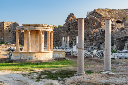 Awesome ruins of the commercial agora in Side, Turkey. Amazing view of the ancient city. Side is a popular tourist destination in Turkey.の写真素材
