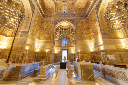 Inside view of the Gur-e-Amir (Guri Amir) in Samarkand, Uzbekistan. Interior of mausoleum of the Turco-Mongol conqueror Timur (Tamerlane). The tomb is a popular tourist attraction of Central Asia.のeditorial素材