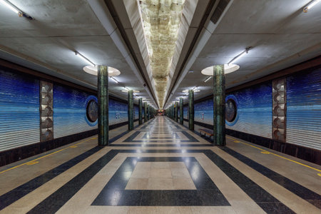 Awesome space themed decorations of Kosmonavtlar Station of the Tashkent Metro in Tashkent, Uzbekistan. The amazing underground lobby is a popular tourist attraction of Central Asia.のeditorial素材