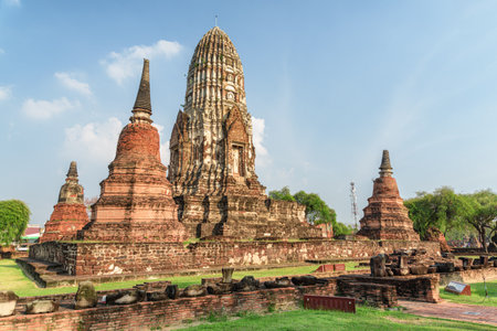 Awesome tower of Wat Ratchaburana in Ayutthaya, Thailand. Scenic ruins of the Buddhist temple in the ancient city and capital of the Ayutthaya Kingdom (Siam). Thailand is a popular tourist destinationの写真素材