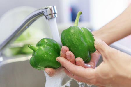 Woman hands washing fresh green bell pepper in a kitchen. Preparing of ripe vegetables. Sweet pepper is a healthy vegetarian food. Product of organic farming.の写真素材