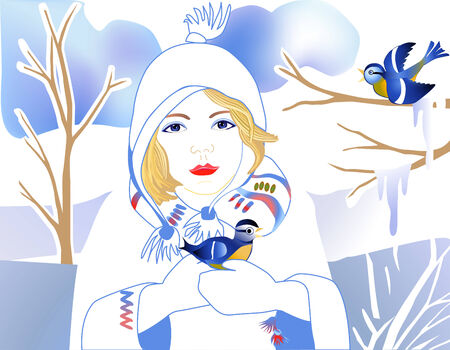 girl with bird blue tit in hands in winter timeのイラスト素材