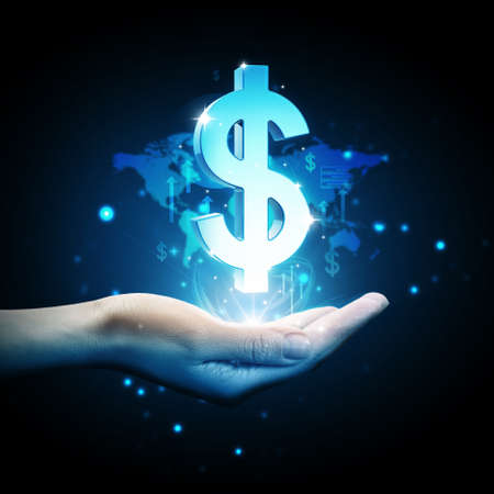 3d Dollar icon on handの写真素材