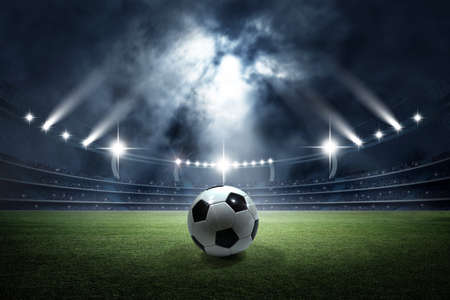 Soccer ball in the stadium. The imaginary football stadium is modeled and rendered.