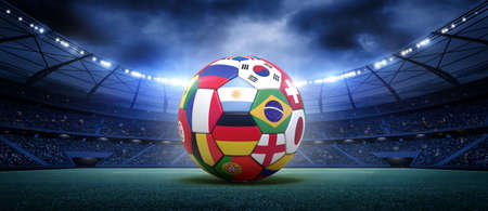 Soccer ball in the stadium.The imaginary football stadium is modelled and rendered.の写真素材