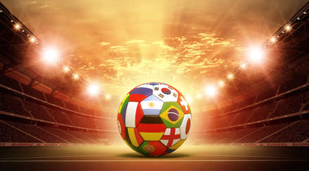 Soccer ball in the stadium.The imaginary football stadium is modelled and rendered.の写真素材
