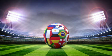 Soccer ball in the stadium.The imaginary football stadium is modelled and rendered.の写真素材