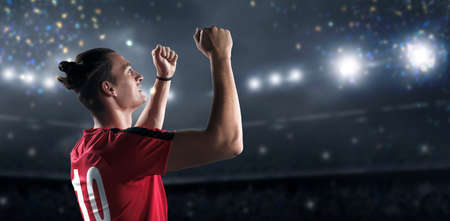 Happy soccer player with a goal joy in the 3d imaginary stadium background.The imaginary soccer stadium is modeled and rendered.の写真素材