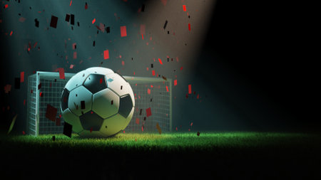 Soccer ball, goal post and grass, 3d renderingの写真素材