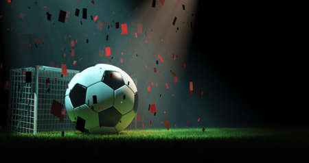 Soccer ball, goal post and grass, 3d renderingの写真素材