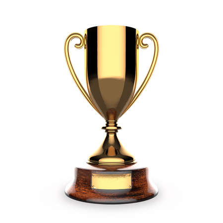 Shiny golden cup on white background, 3d renderingの写真素材