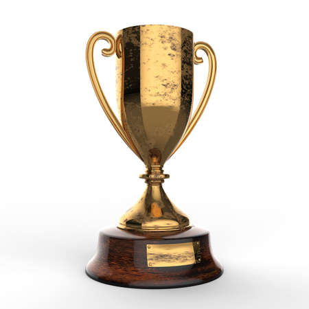 Shiny golden cup on white background, 3d renderingの写真素材
