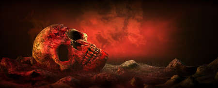 Skull and dark clouds, 3d renderingの写真素材