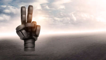 Cyborg hand with a lot of tires on the road. 3d renderingの写真素材