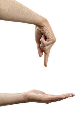 Point at on hand, white backgroundの写真素材