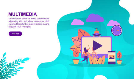 Multimedia illustration concept with character. Template for, banner, presentation, social media, poster, advertising, promotionのイラスト素材