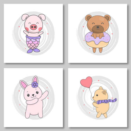Set of cute animal hand draw style. Cute pig mermaid, cute bear with donut, cute bunny dancing, cute cat holding balloon. Vector illustrationのイラスト素材