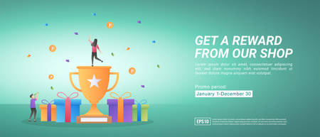 Reward and promotion programs. Get awards by shopping online. Gifts for loyal customers. Suitable for web landing page, marketing, advertising, promotion, banner. Vector illustrationのイラスト素材