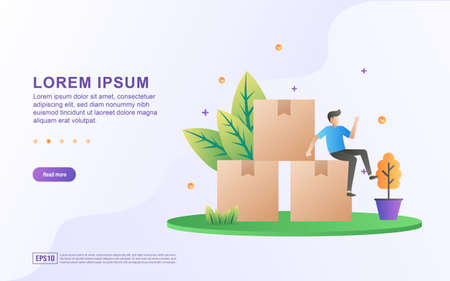 Landing page template with illustrations of goods distribution or storage warehouseのイラスト素材