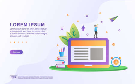 Vector illustration of online learning and reading articles with book and laptop icon.のイラスト素材