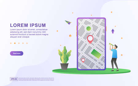 Vector illustration of map location and directions with smartphone and map icon.のイラスト素材