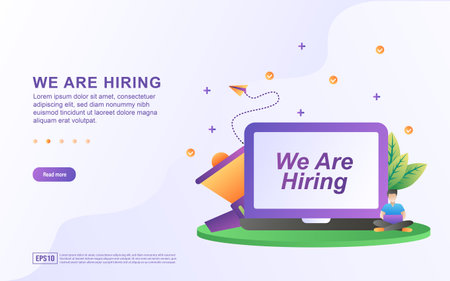 Illustration concept of we are hiring with the megaphone on the back of the laptop.のイラスト素材
