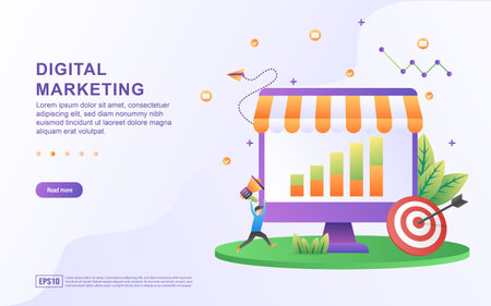 Illustration concept of digital marketing with on-screen graphics and targets.のイラスト素材