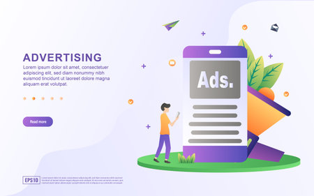 Illustration concept of advertising with an advertisement image on the cellphone screen.のイラスト素材