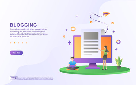 Illustration concept of blogging with people checking out their blogs.のイラスト素材