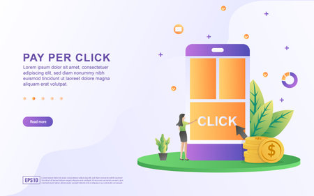 Illustration concept of pay per click with the cursor pointing to click on the screen.のイラスト素材