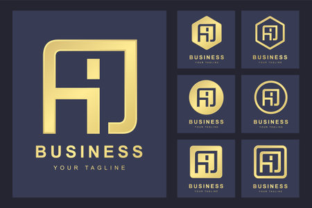 Set of Abstract Initial Letter A J, Golden Logo Template. Logo for Business, Personal, Organization.のイラスト素材