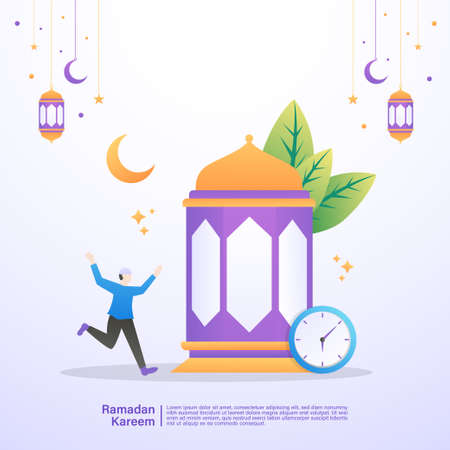 Muslim men are happy when breaking the fast of Ramadan. Illustration concept of ramadan kareemのイラスト素材