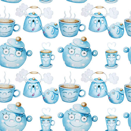 Pattern with blue tea set and lemon. Watercolor seamless pattern.の写真素材